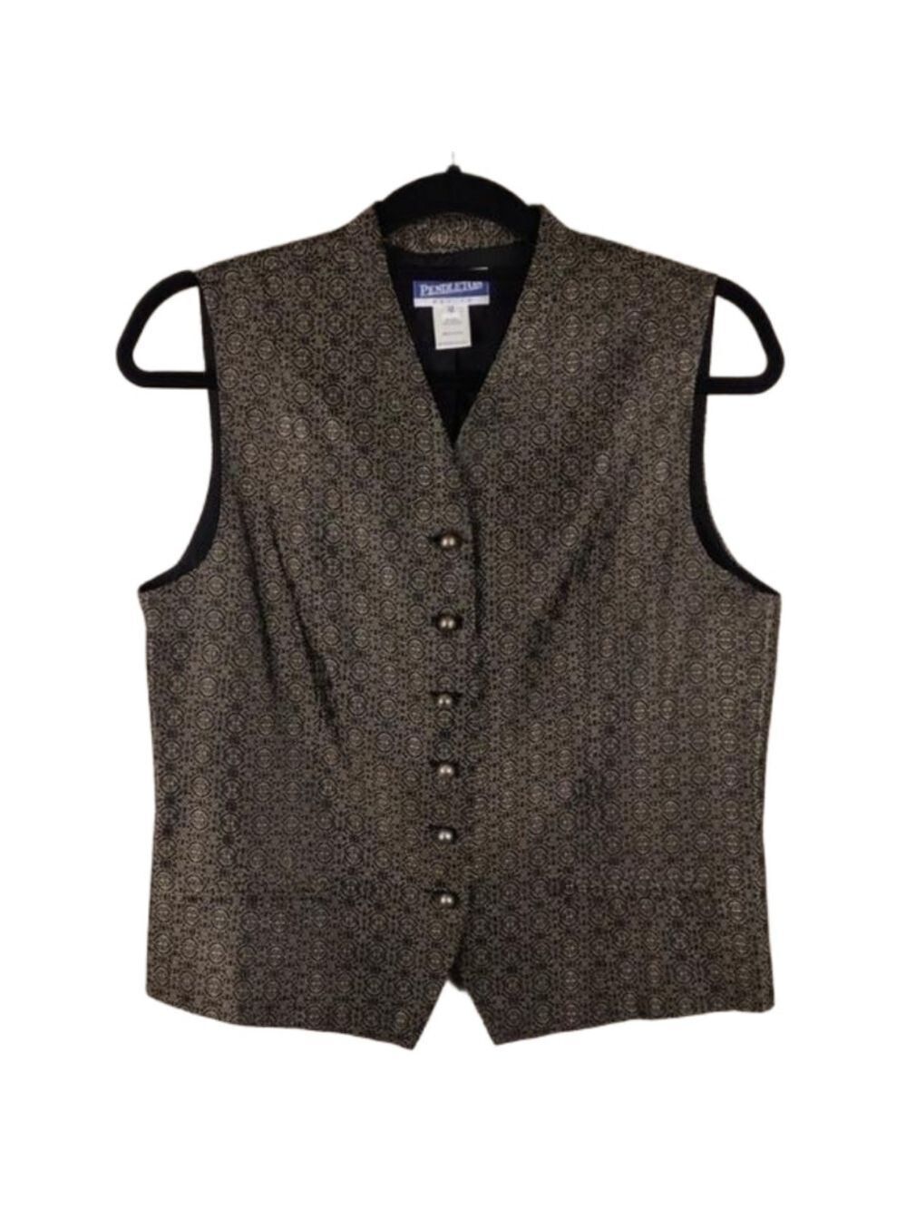 Pendleton Petite Vintage Black Metallic V-Neck Sleeveless Button Down Dress Vest